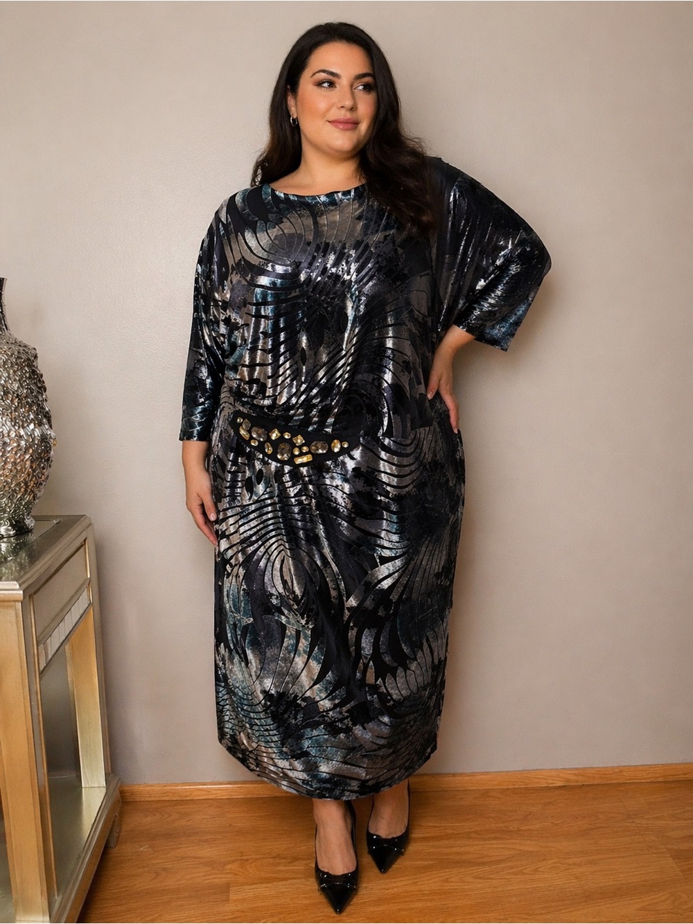 Verpass Black and Teal Abstract Velvet Dress plus size